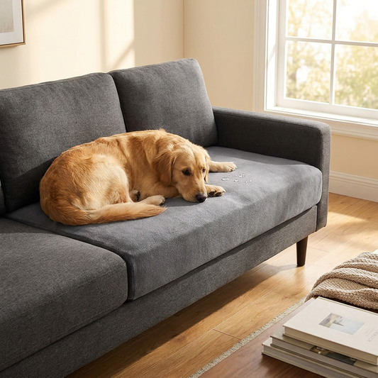 Grey polar fleece sofa seat cushion cover with golden retriever on modern couch