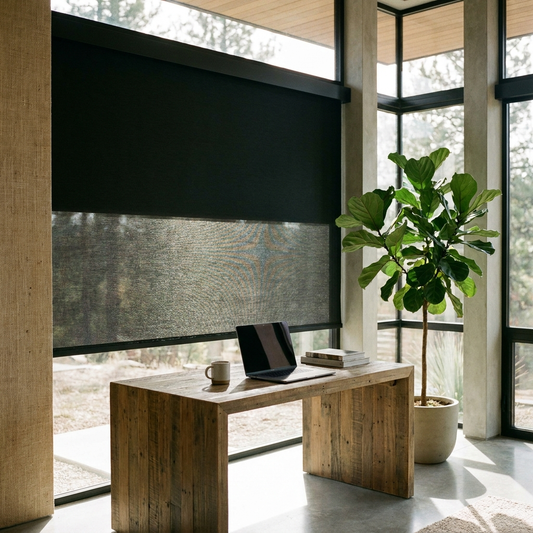 Black cordless retractable roller shade in modern home office window