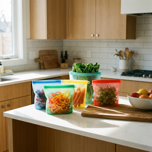 Colorful reusable PEVA food storage bags on kitchen counter with fresh produce