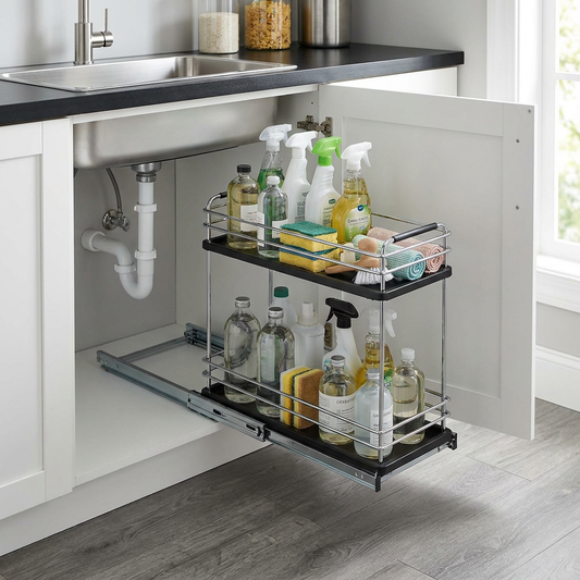 Two-tier pull-out under-sink organizer in kitchen cabinet with cleaning supplies