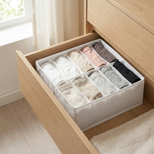 White foldable drawer organizer neatly organizing underwear and socks in dresser