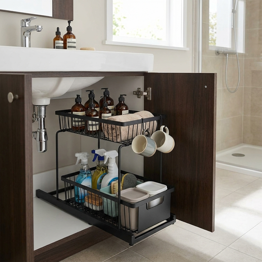 Black 2-tier sliding under-sink storage basket in modern bathroom cabinet