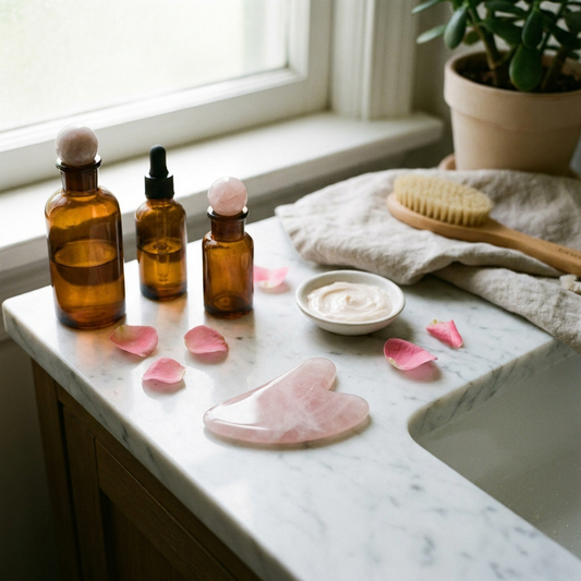 Rose quartz gua sha facial massager on marble counter with skincare products