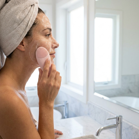 Pink silicone electric sonic facial cleansing brush in use in modern bathroom