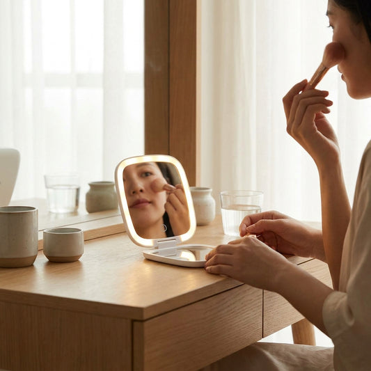 White LED compact foldable makeup mirror glowing on vanity table